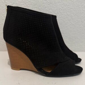 Celia Paola Black Wedge Heel Ankle Bootie Open Toe Cutouts Size 6.5
